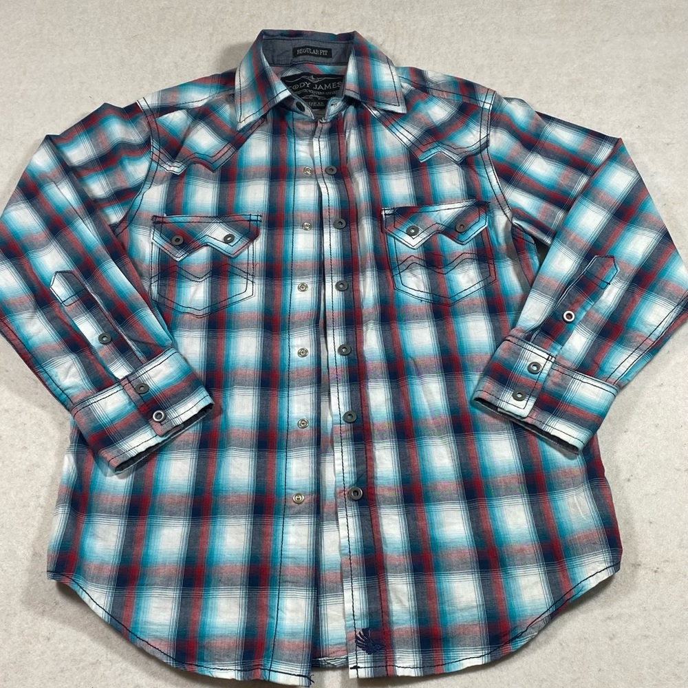 Cody James Snap Button Shirt Plaid Print Blue White XS. Long Sleeve Wrangler Top